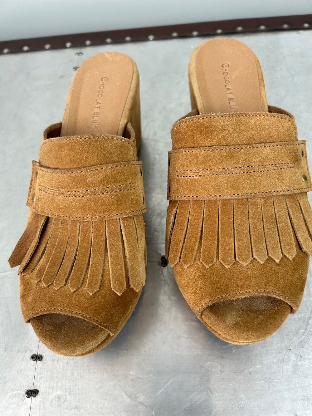 Chocolat Blu Tan Suede Fringe Open-Toe Mule